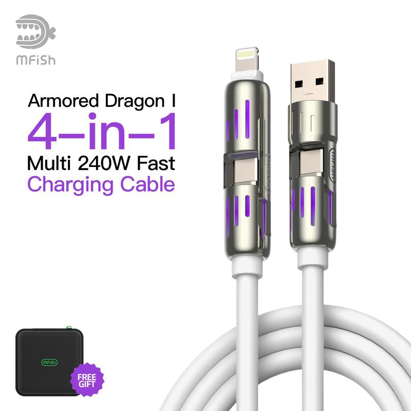 Mfish Armored Dragon I 4-In-1 Multi 240W Fast Charging Cable with USB a Type C Lightning for Iphone Samsung Laptops Charger
