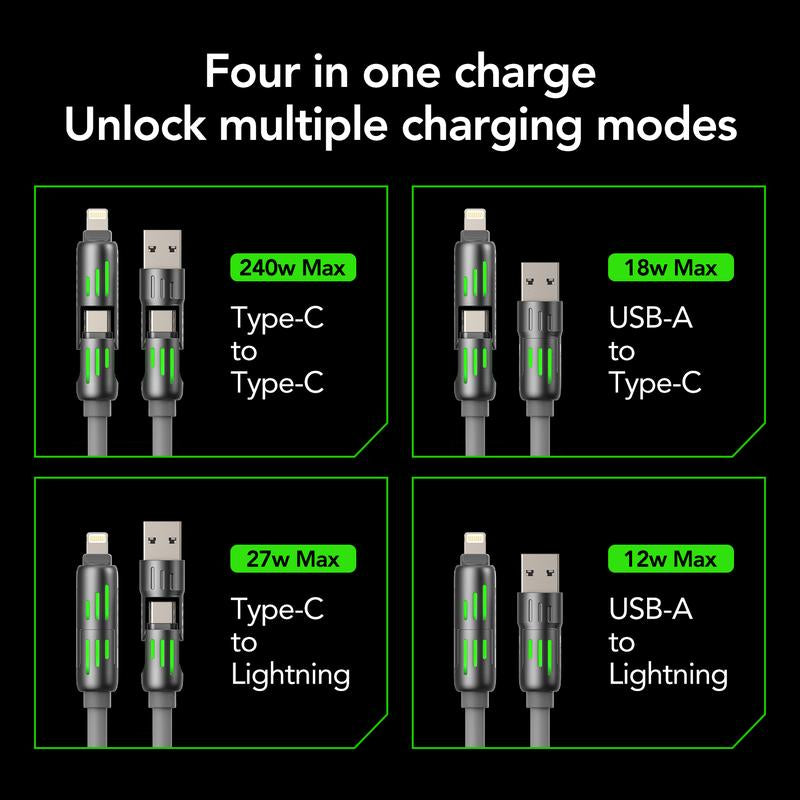 Mfish Armored Dragon I 4-In-1 Multi 240W Fast Charging Cable with USB a Type C Lightning for Iphone Samsung Laptops Charger