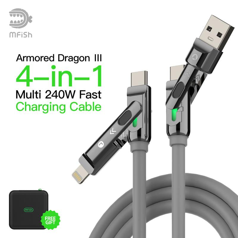Mfish Armored Dragon I 4-In-1 Multi 240W Fast Charging Cable with USB a Type C Lightning for Iphone Samsung Laptops Charger