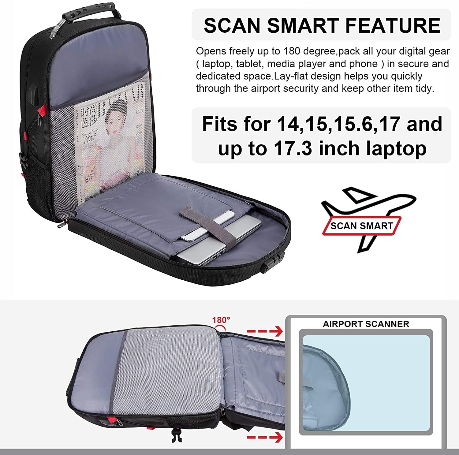 Travel Laptop Backpack Waterproof anti Theft with Lock and USB Charging Port Large Computer Business Backpack for Men Women College (17 Inch, Black)
