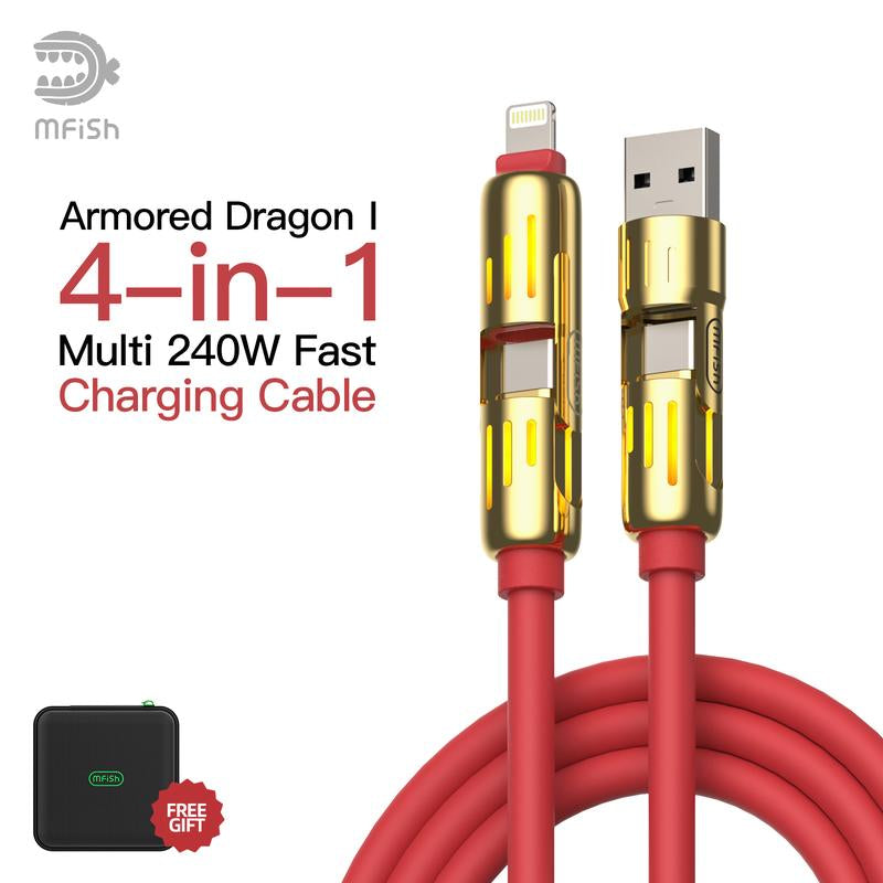 Mfish Armored Dragon I 4-In-1 Multi 240W Fast Charging Cable with USB a Type C Lightning for Iphone Samsung Laptops Charger