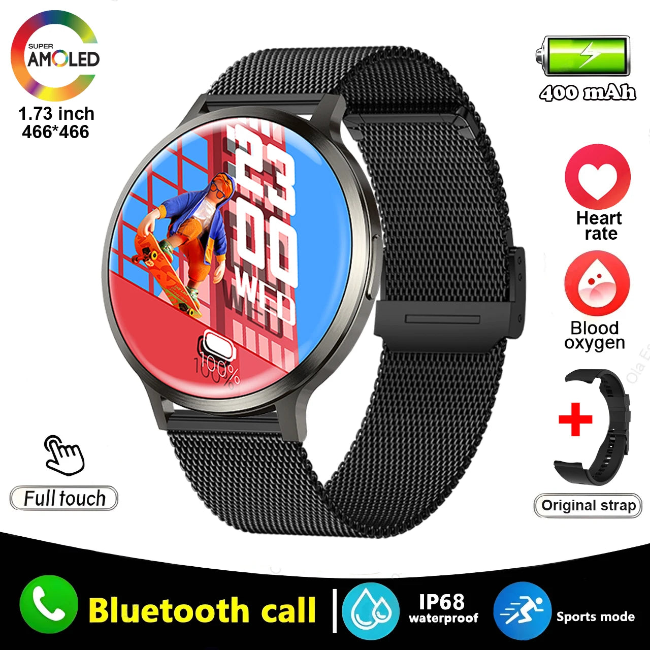 2025 New Smart Watch 1.73 Inch 466*466 HD AMOLED Screen Bluetooth Calls 400Mah Men Women Fitness Custom Watch Dial Smartwatch