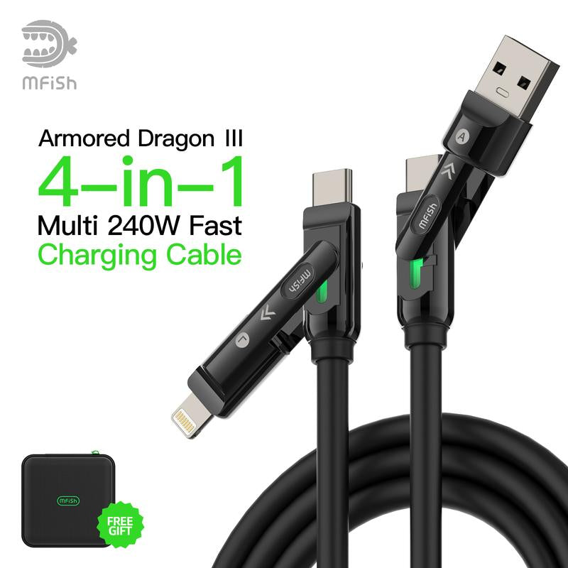Mfish Armored Dragon I 4-In-1 Multi 240W Fast Charging Cable with USB a Type C Lightning for Iphone Samsung Laptops Charger
