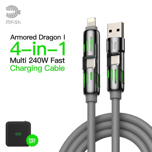 Mfish Armored Dragon I 4-In-1 Multi 240W Fast Charging Cable with USB a Type C Lightning for Iphone Samsung Laptops Charger