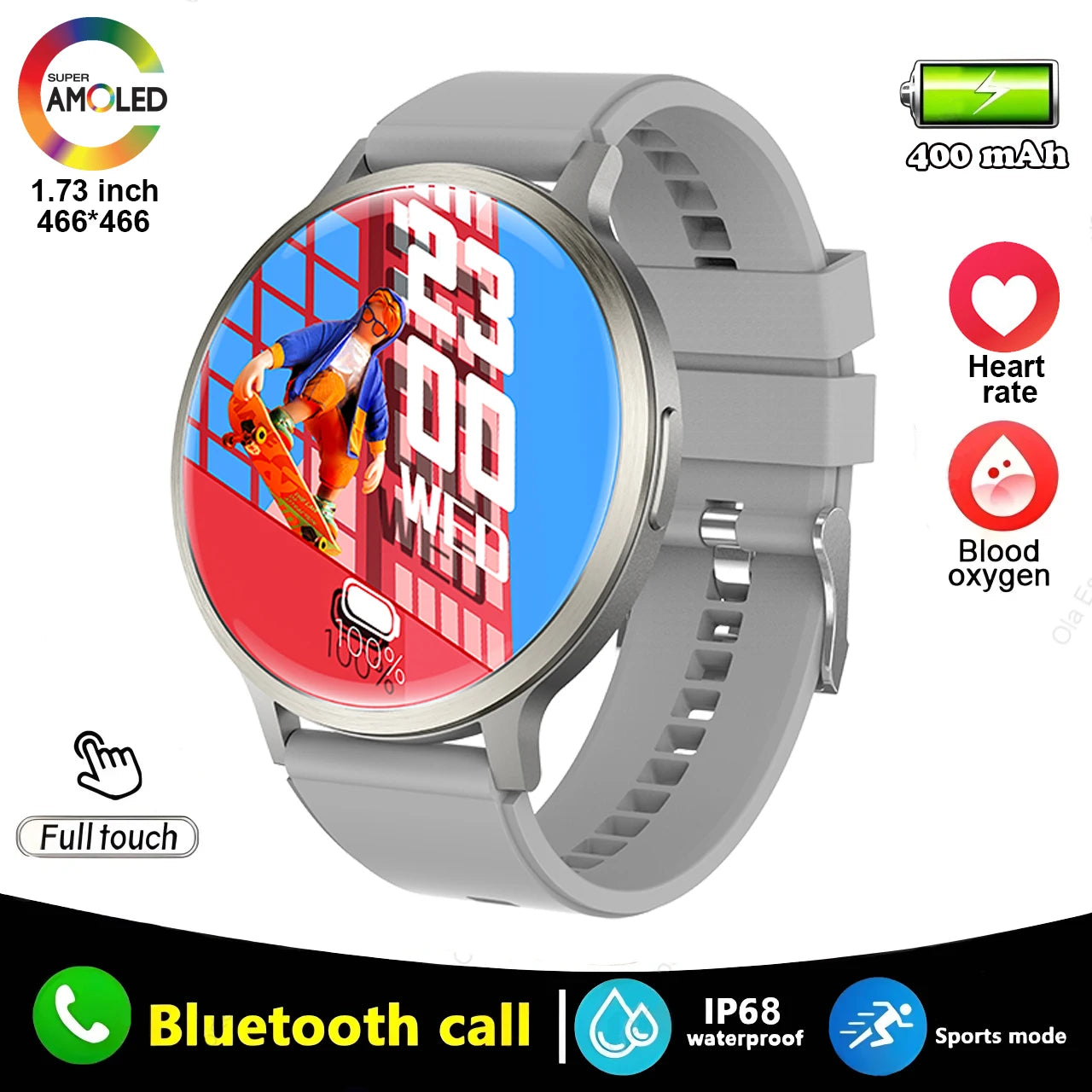 2025 New Smart Watch 1.73 Inch 466*466 HD AMOLED Screen Bluetooth Calls 400Mah Men Women Fitness Custom Watch Dial Smartwatch