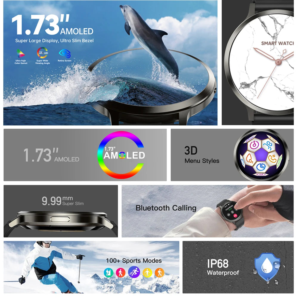 2025 New Smart Watch 1.73 Inch 466*466 HD AMOLED Screen Bluetooth Calls 400Mah Men Women Fitness Custom Watch Dial Smartwatch