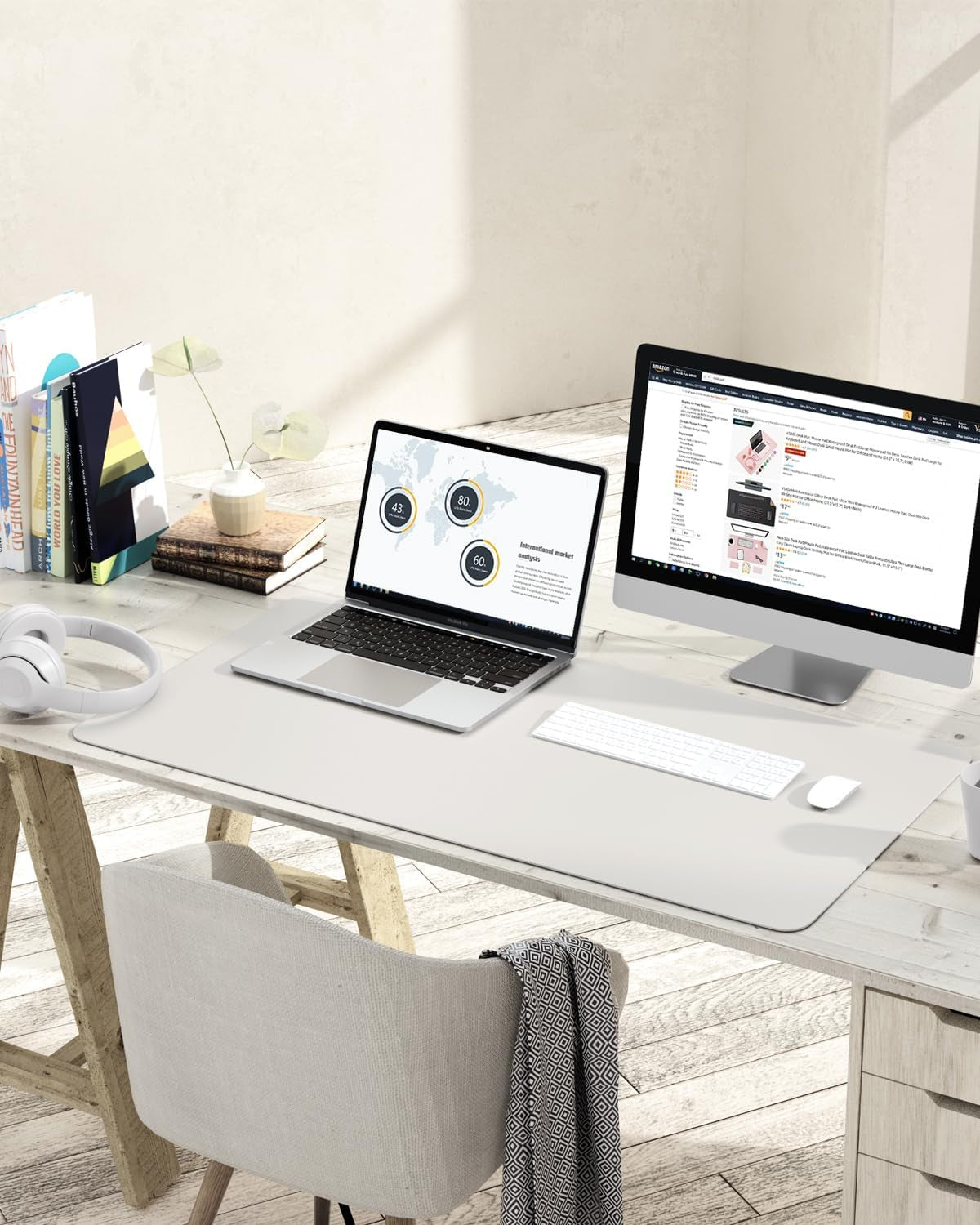 Non-Slip Leather Desk Pad L Size, Waterproof Laptop Computer Desk Keyboard Mat, Table Protector Blotter Mat, Large Mouse Pad for Office/Work/Home/Decor(Apricot Gray, 35.4" X 17")