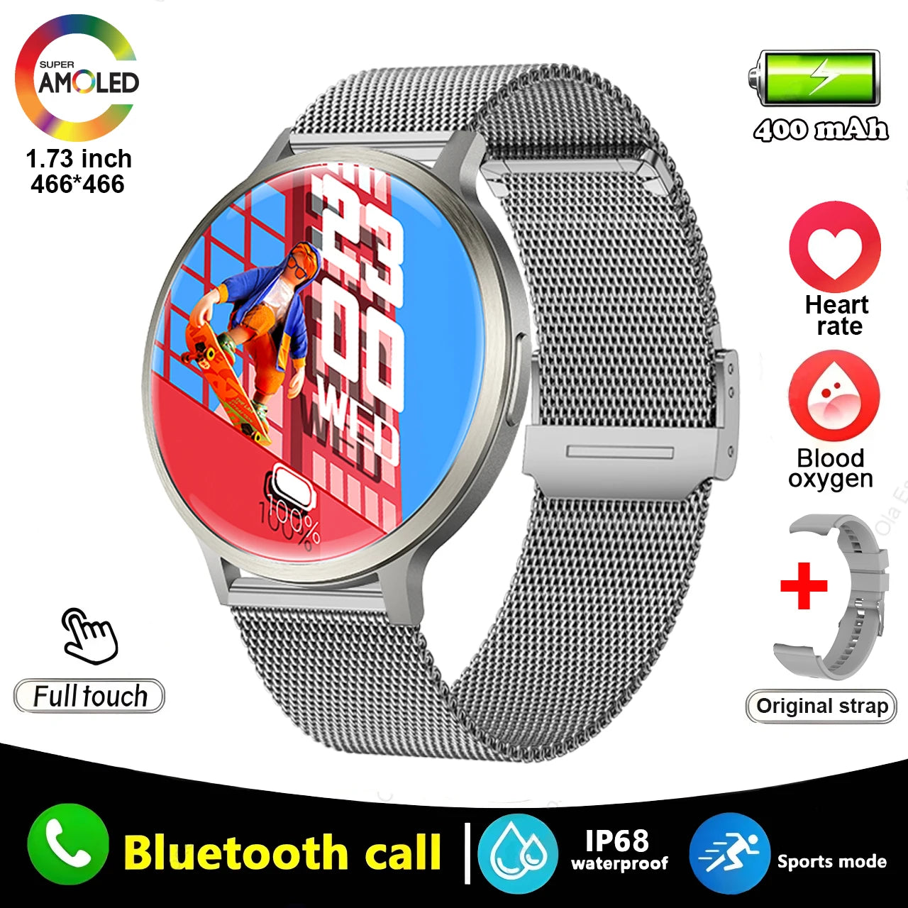 2025 New Smart Watch 1.73 Inch 466*466 HD AMOLED Screen Bluetooth Calls 400Mah Men Women Fitness Custom Watch Dial Smartwatch
