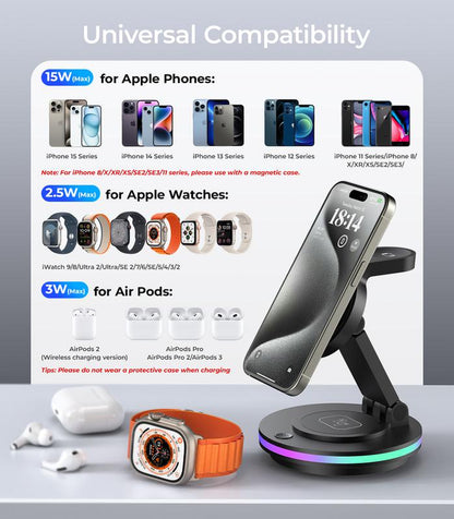 FACBINY 3 in 1 Wireless Charging Station for Multiple Devices, Rotatable & Foldable Magsafe Charger Stand with Night Light & 20W Adapter for Iphone 15/14/13/12 Series, Apple Watch 2 to 9, Airpods