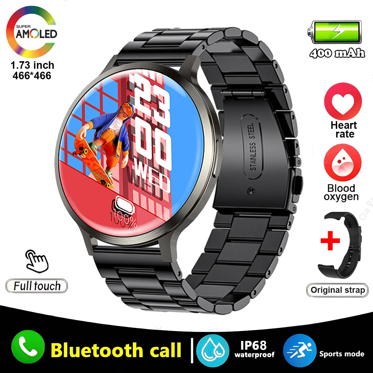 2025 New Smart Watch 1.73 Inch 466*466 HD AMOLED Screen Bluetooth Calls 400Mah Men Women Fitness Custom Watch Dial Smartwatch