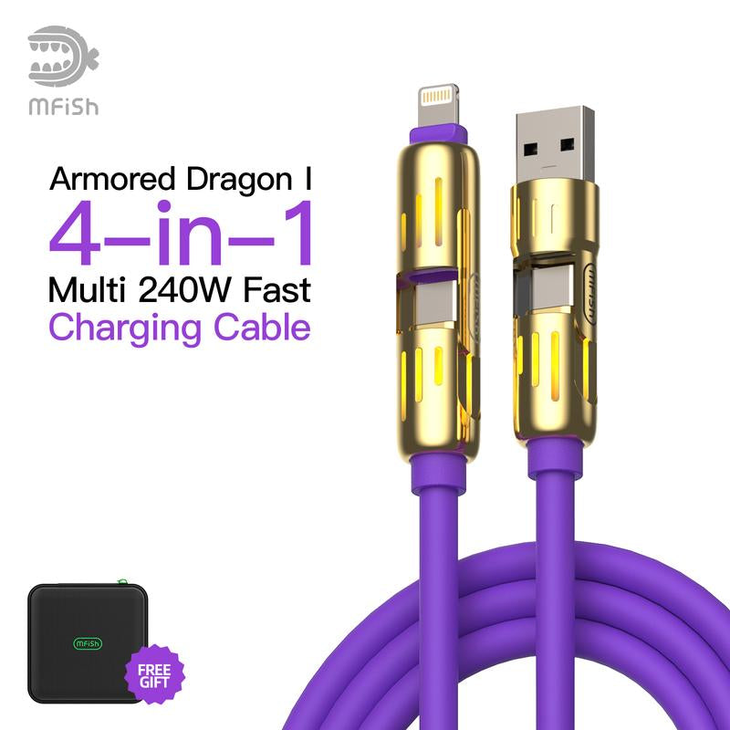 Mfish Armored Dragon I 4-In-1 Multi 240W Fast Charging Cable with USB a Type C Lightning for Iphone Samsung Laptops Charger
