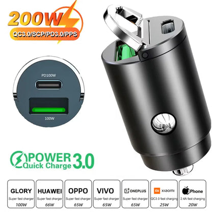 200W USB Car Charger Mini PD QC Pull Ring Fast Charging USB C Car Phone Charger Adapter for Iphone 16 15 Xiaomi Samsung Huawei