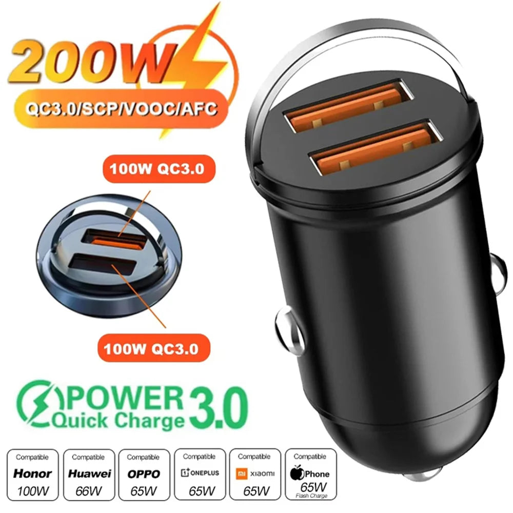 200W USB Car Charger Mini PD QC Pull Ring Fast Charging USB C Car Phone Charger Adapter for Iphone 16 15 Xiaomi Samsung Huawei
