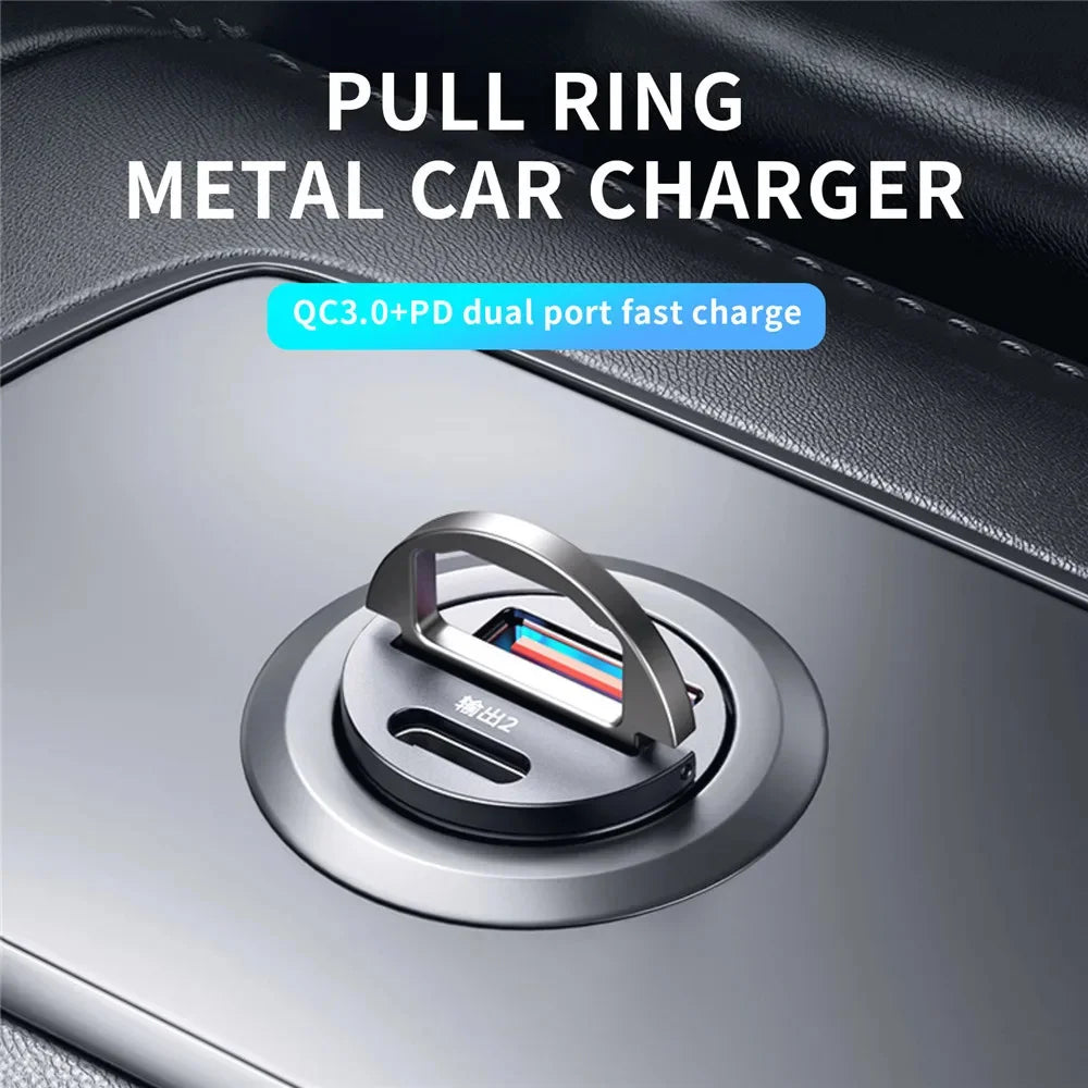 200W USB Car Charger Mini PD QC Pull Ring Fast Charging USB C Car Phone Charger Adapter for Iphone 16 15 Xiaomi Samsung Huawei