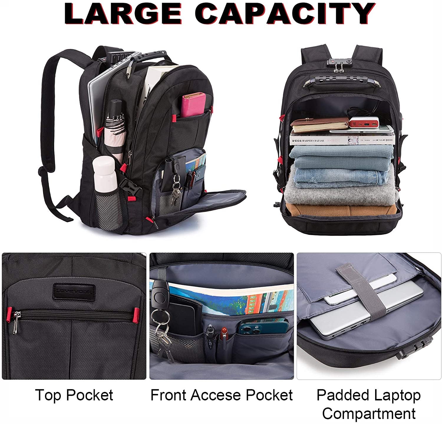 Travel Laptop Backpack Waterproof anti Theft with Lock and USB Charging Port Large Computer Business Backpack for Men Women College (17 Inch, Black)