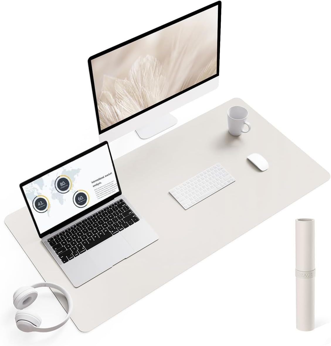 Non-Slip Leather Desk Pad L Size, Waterproof Laptop Computer Desk Keyboard Mat, Table Protector Blotter Mat, Large Mouse Pad for Office/Work/Home/Decor(Apricot Gray, 35.4" X 17")