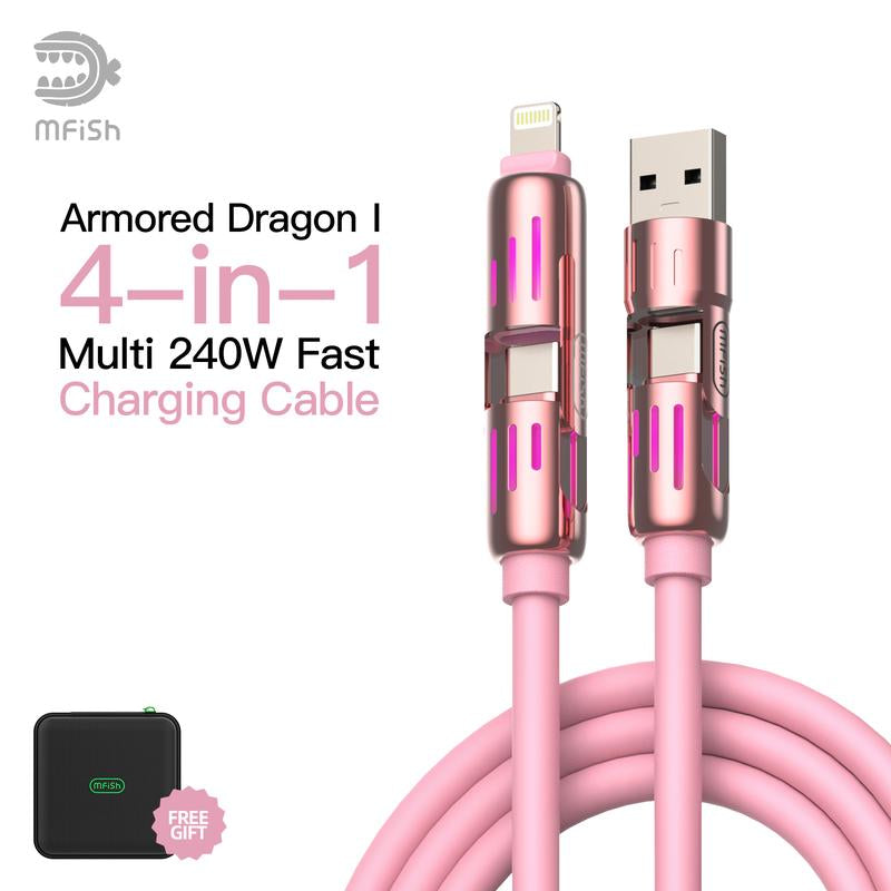 Mfish Armored Dragon I 4-In-1 Multi 240W Fast Charging Cable with USB a Type C Lightning for Iphone Samsung Laptops Charger