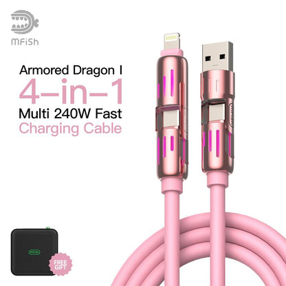 Mfish Armored Dragon I 4-In-1 Multi 240W Fast Charging Cable with USB a Type C Lightning for Iphone Samsung Laptops Charger