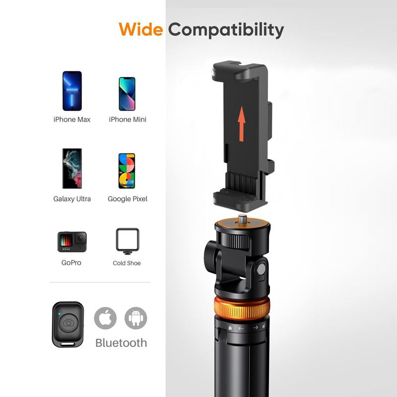 61" Phone Tripod for Iphone/Android & Selfie Stick with Remote, Upgraded Stand, Compatible with Iphone 16/15/14/13, Travel-Friendly & Stable