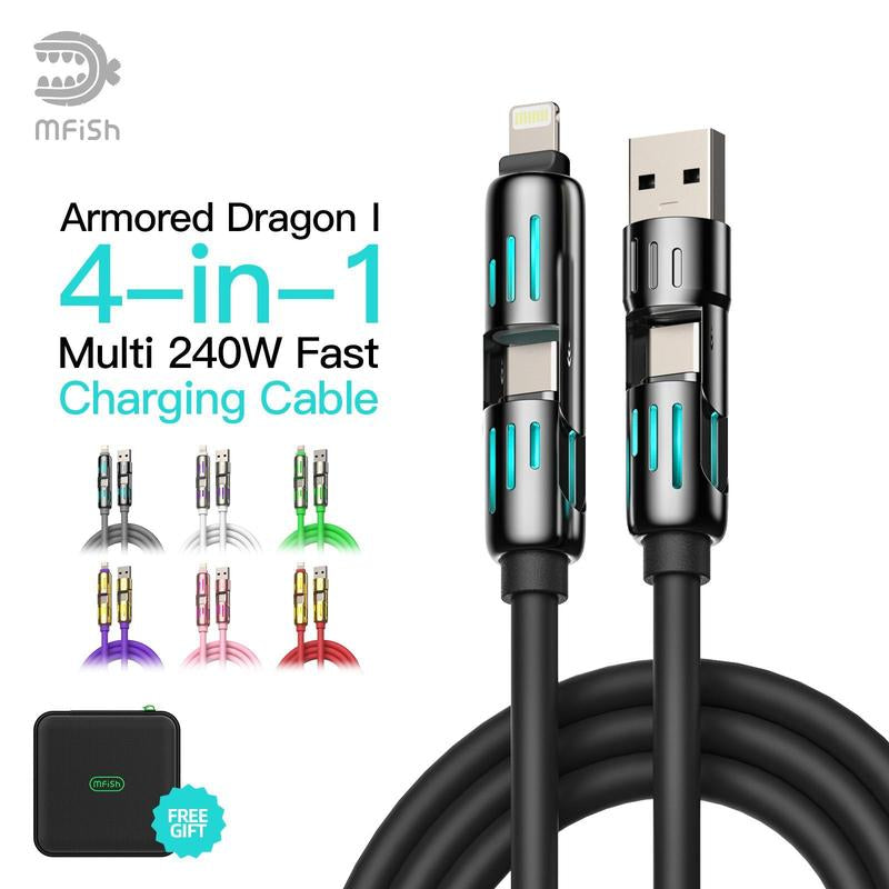 Mfish Armored Dragon I 4-In-1 Multi 240W Fast Charging Cable with USB a Type C Lightning for Iphone Samsung Laptops Charger