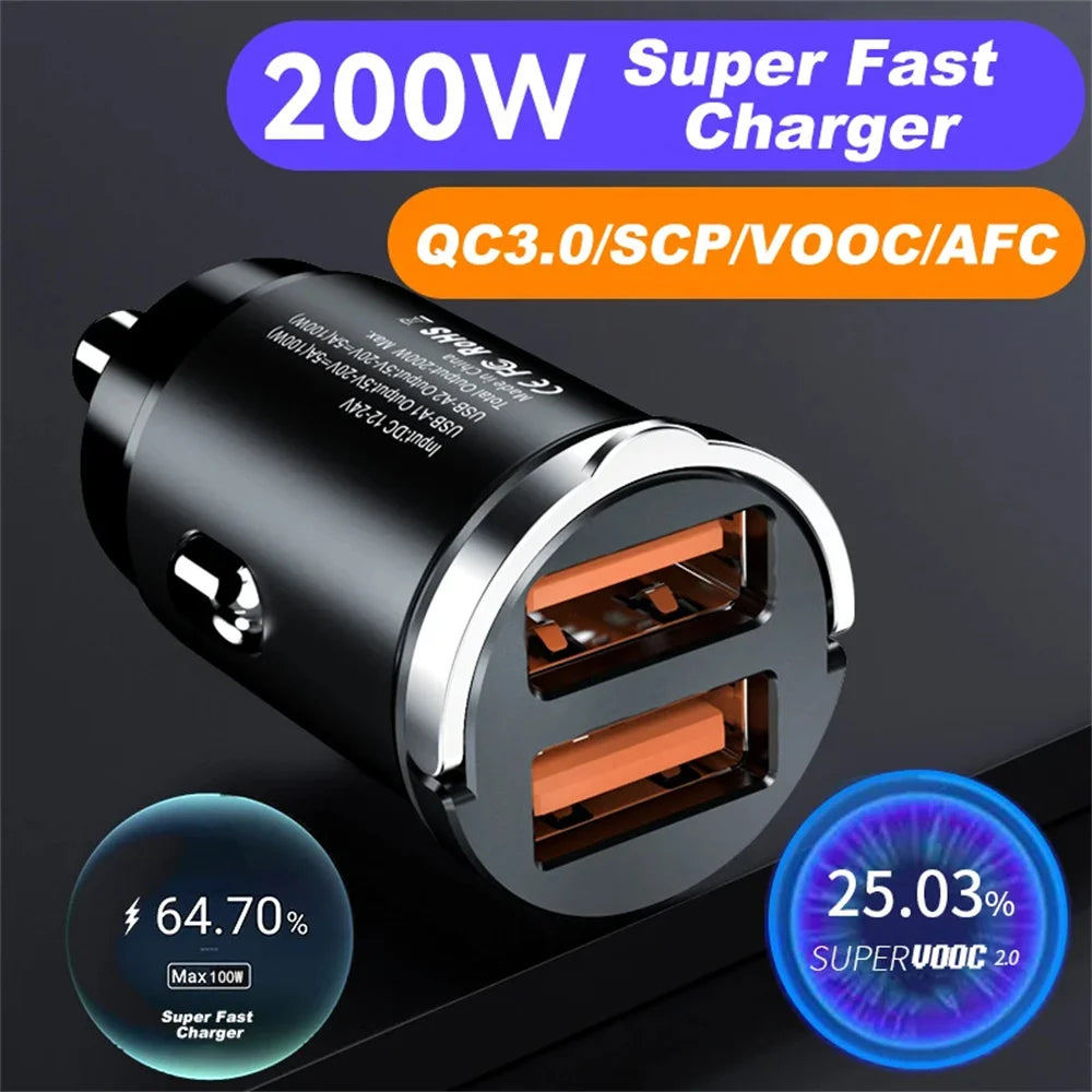 200W USB Car Charger Mini PD QC Pull Ring Fast Charging USB C Car Phone Charger Adapter for Iphone 16 15 Xiaomi Samsung Huawei