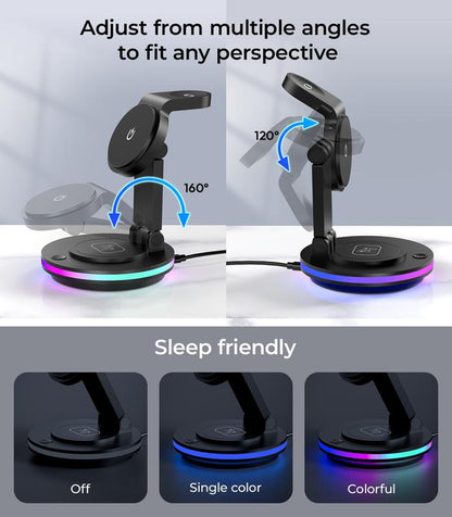 FACBINY 3 in 1 Wireless Charging Station for Multiple Devices, Rotatable & Foldable Magsafe Charger Stand with Night Light & 20W Adapter for Iphone 15/14/13/12 Series, Apple Watch 2 to 9, Airpods