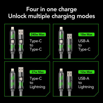 Mfish Armored Dragon I 4-In-1 Multi 240W Fast Charging Cable with USB a Type C Lightning for Iphone Samsung Laptops Charger