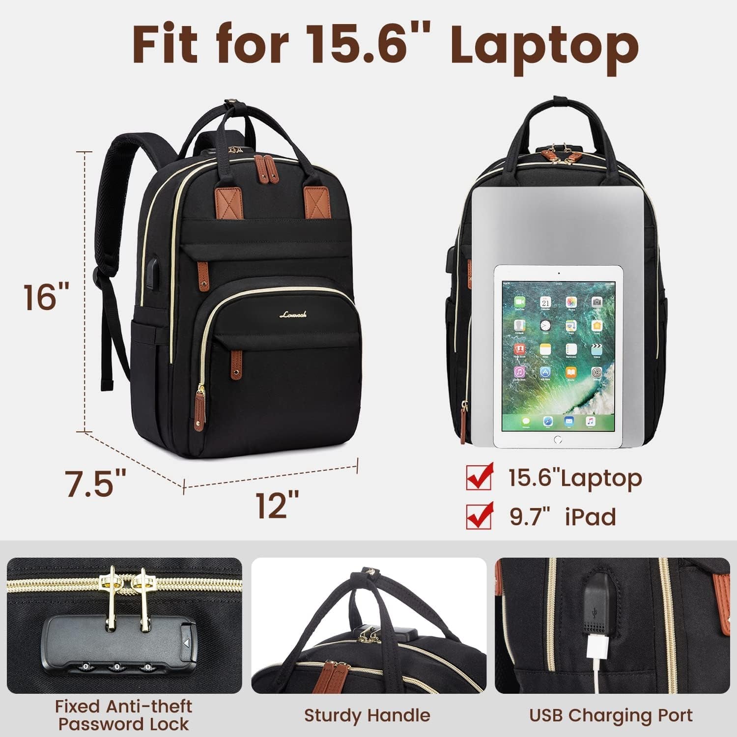 Laptop Backpack for Women, Unisex Travel Anti-Theft Bag, Business Work Computer Backpacks Purse College Backpack for Men, Casual Hiking Daypack with Lock, 15.6 Inch, Black