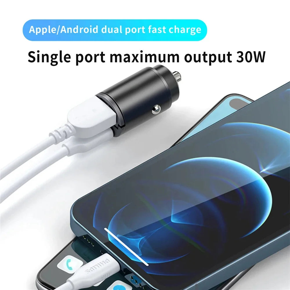 200W USB Car Charger Mini PD QC Pull Ring Fast Charging USB C Car Phone Charger Adapter for Iphone 16 15 Xiaomi Samsung Huawei