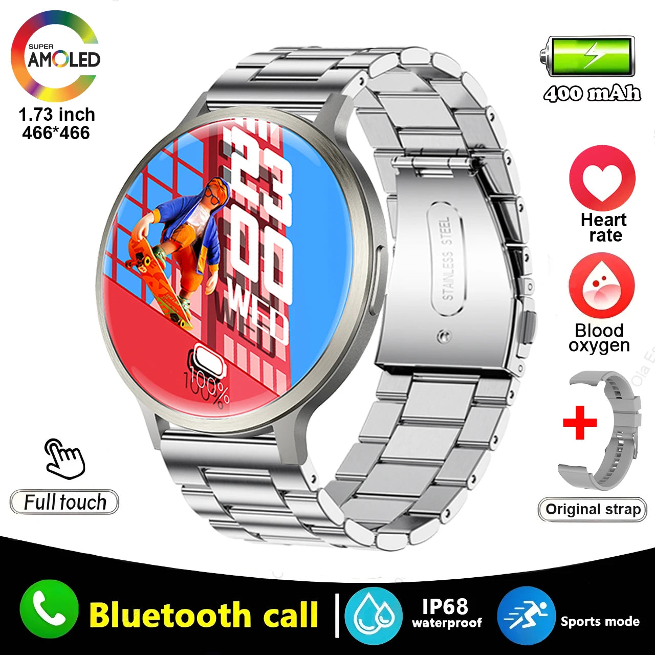 2025 New Smart Watch 1.73 Inch 466*466 HD AMOLED Screen Bluetooth Calls 400Mah Men Women Fitness Custom Watch Dial Smartwatch