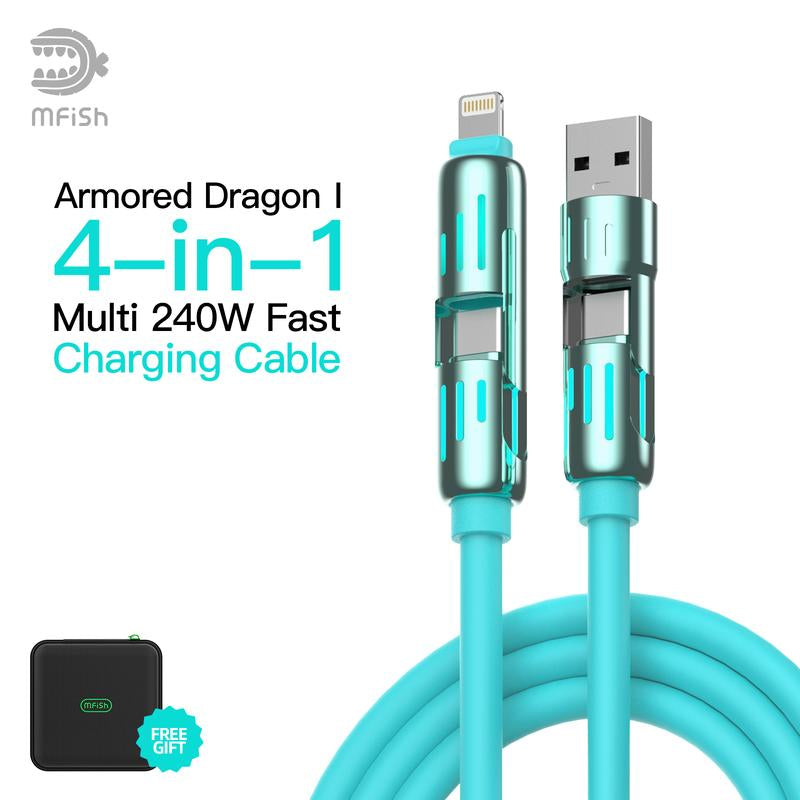 Mfish Armored Dragon I 4-In-1 Multi 240W Fast Charging Cable with USB a Type C Lightning for Iphone Samsung Laptops Charger