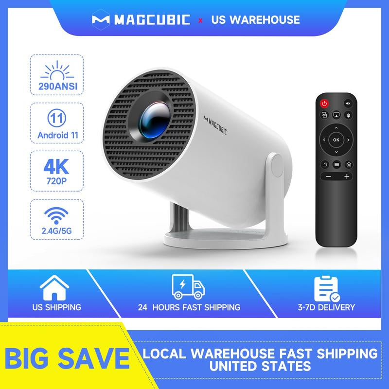 [US Warehouse] Magcubic Hy300Pro Projector Upgraded 290ANSI Dual Wifi6 4K Videosource Supported BT5.4 Native 1280*720P Android 11 Built-In Speaker&Appstore Allwinner H713 WIFI6 Remote Control Included Home Cinema Outdoor 2025 Newly Mini Portable Version