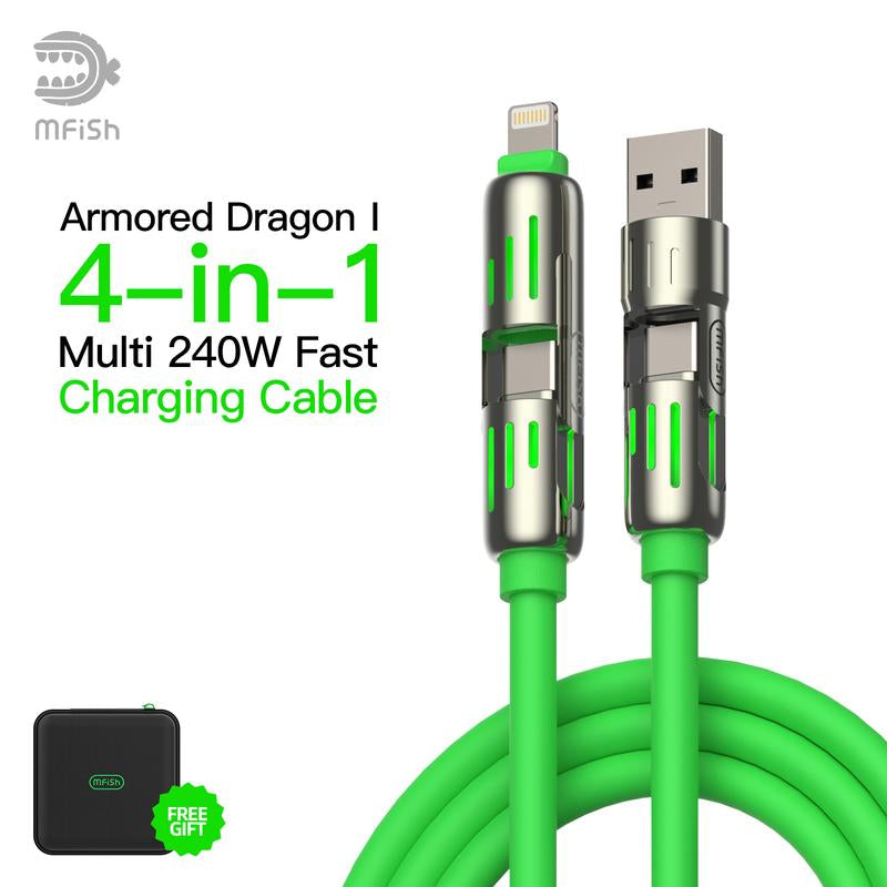 Mfish Armored Dragon I 4-In-1 Multi 240W Fast Charging Cable with USB a Type C Lightning for Iphone Samsung Laptops Charger