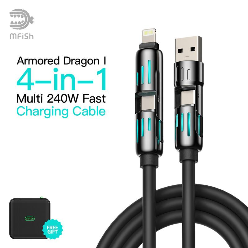 Mfish Armored Dragon I 4-In-1 Multi 240W Fast Charging Cable with USB a Type C Lightning for Iphone Samsung Laptops Charger