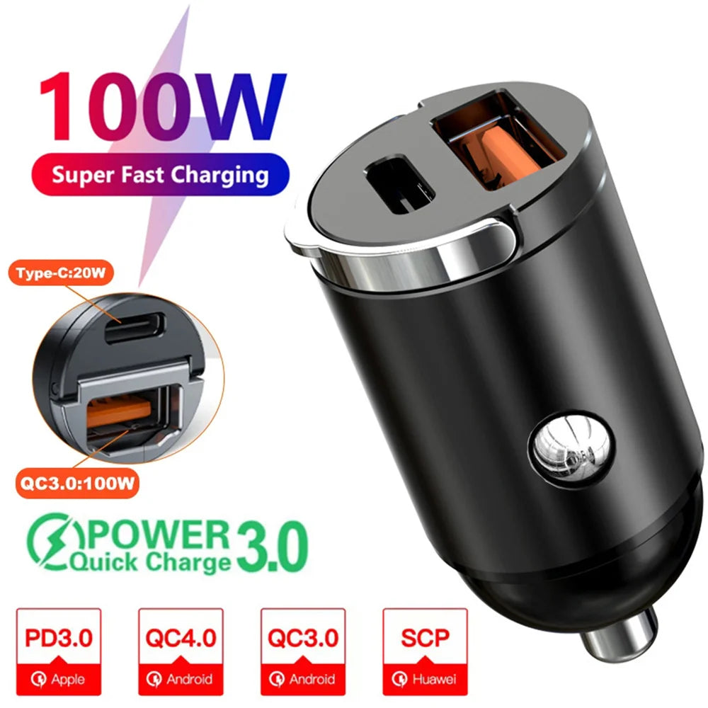 200W USB Car Charger Mini PD QC Pull Ring Fast Charging USB C Car Phone Charger Adapter for Iphone 16 15 Xiaomi Samsung Huawei